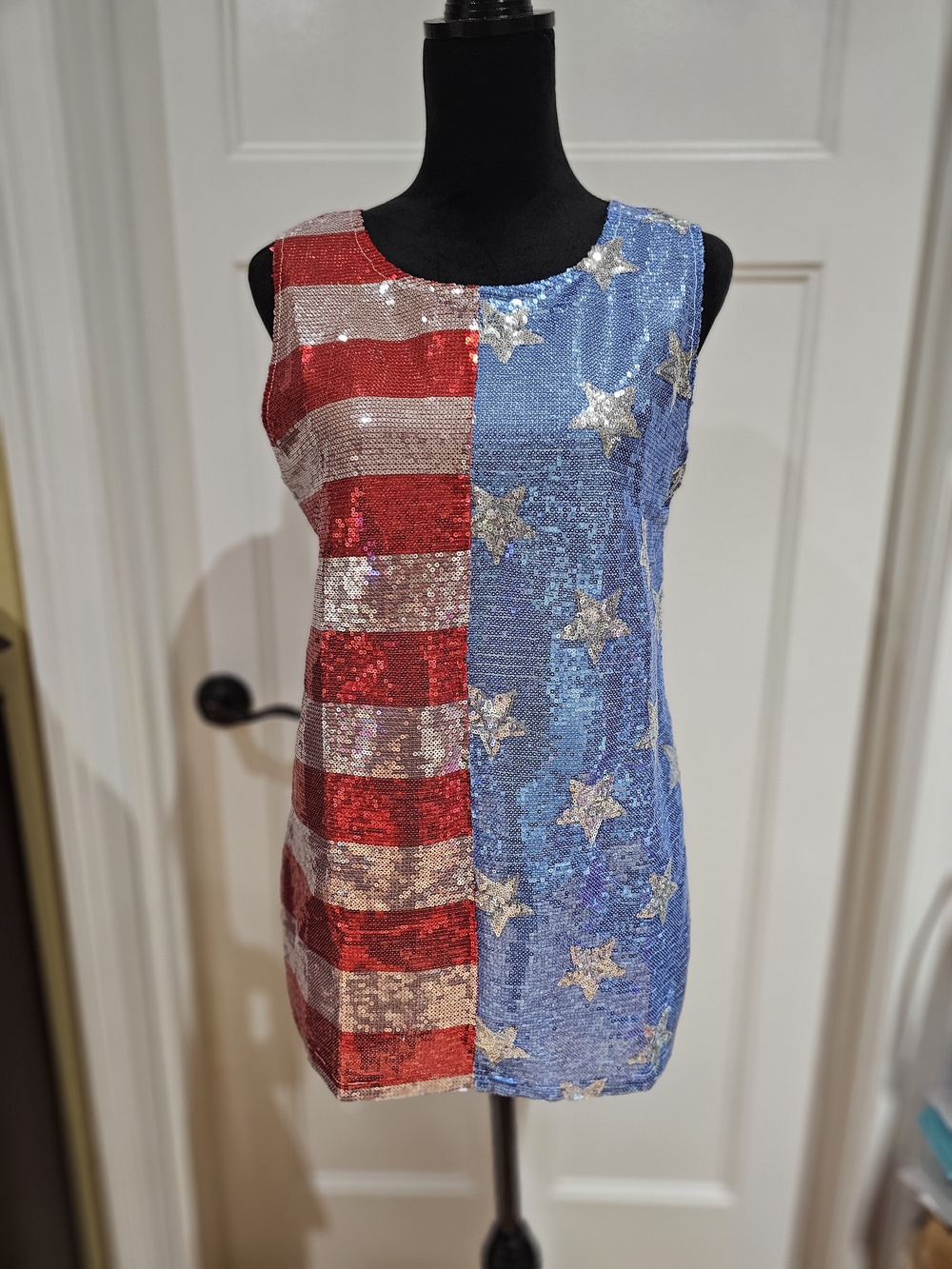 BiBi Sequin Flag-Inspired Tank Top - USA Red, White & Blue